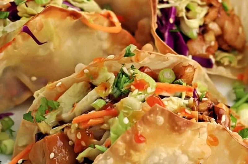 Crispy chicken wonton tacos served with fresh toppings
