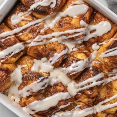 Easy Cinnamon Roll Casserole baked and served for breakfast on Christmas morning