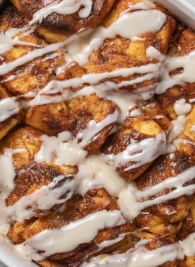 Easy Cinnamon Roll Casserole baked and served for breakfast on Christmas morning