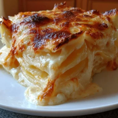 Creamy cheesy scalloped potatoes served in a baking dish