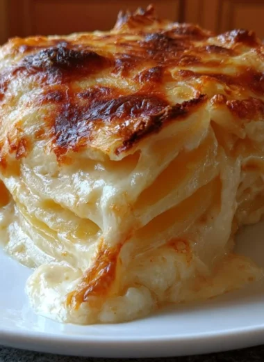 Creamy cheesy scalloped potatoes served in a baking dish