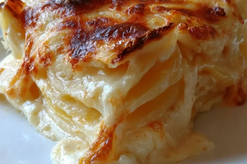 Creamy cheesy scalloped potatoes served in a baking dish