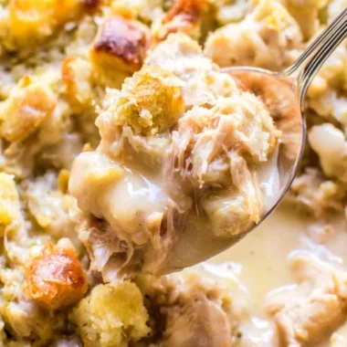 Delicious leftover turkey casserole served in a dish