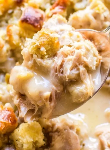 Delicious leftover turkey casserole served in a dish