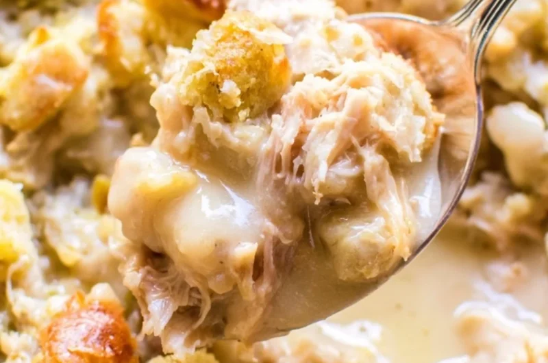 Delicious leftover turkey casserole served in a dish