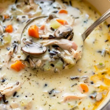 Bowl of homemade leftover turkey wild rice soup with fresh herbs