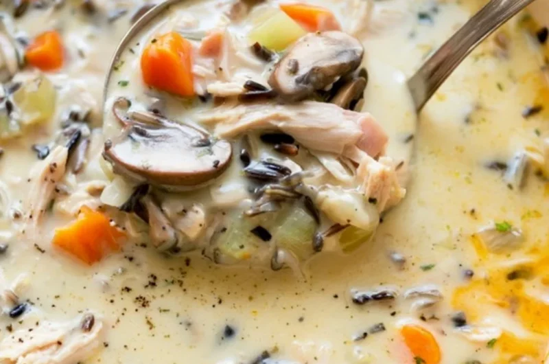 Bowl of homemade leftover turkey wild rice soup with fresh herbs