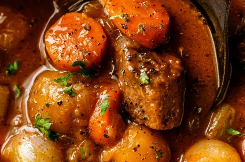 Bowl of Old Fashioned Beef Stew with vegetables and herbs