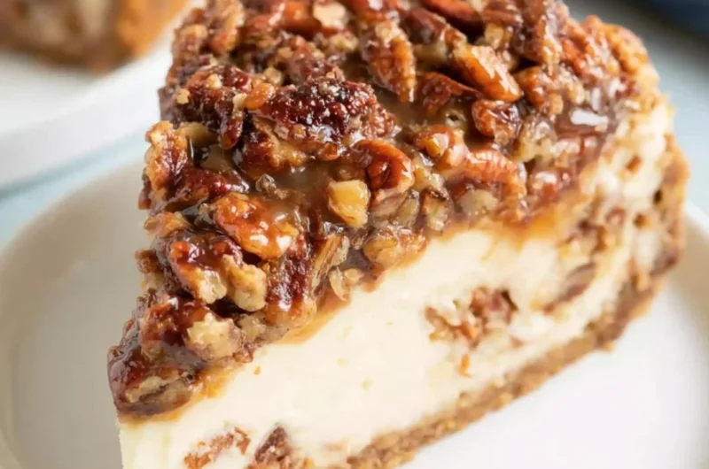 Delicious pecan pie cheesecake topped with caramel and pecans