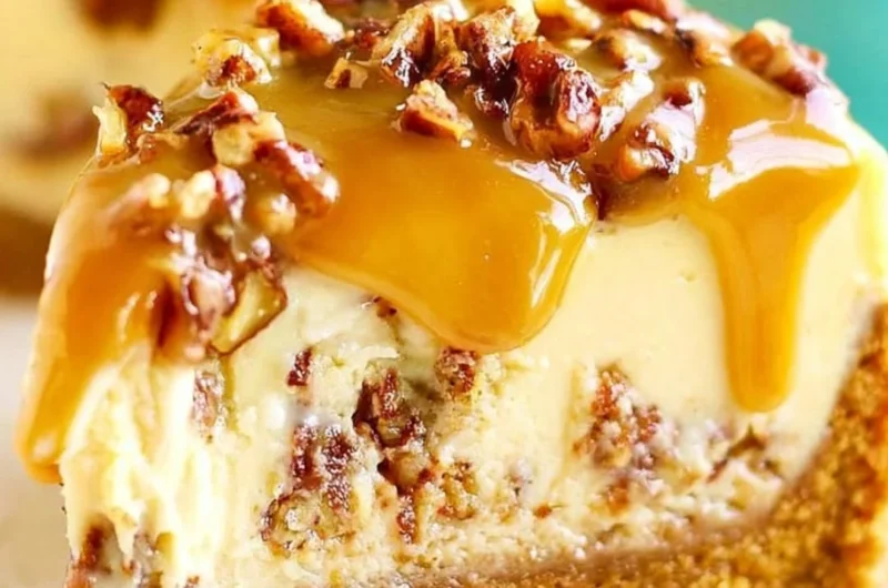 Slice of delectable Pecan Praline Cheesecake topped with pecans and caramel sauce