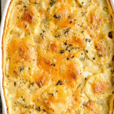 Delicious scalloped potatoes topped with cheese and herbs in a baking dish