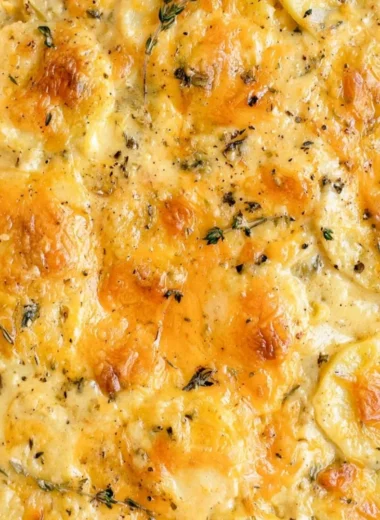 Delicious scalloped potatoes topped with cheese and herbs in a baking dish