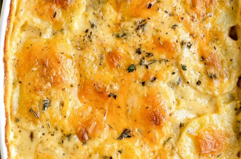 Delicious scalloped potatoes topped with cheese and herbs in a baking dish