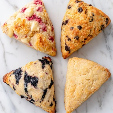Freshly baked cranberry walnut and butter scones on a serving tray.