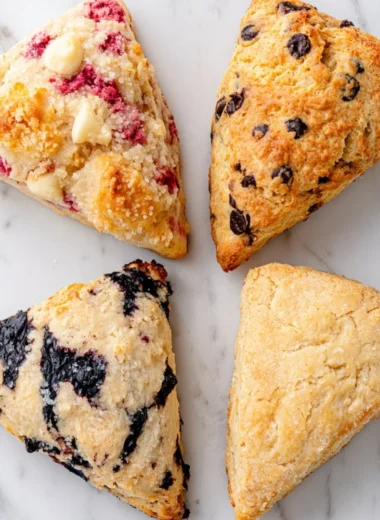 Freshly baked cranberry walnut and butter scones on a serving tray.