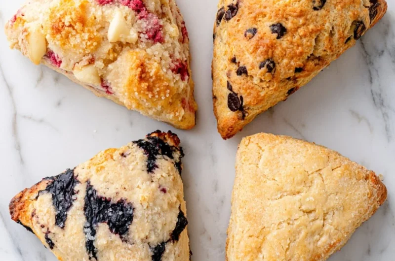 Freshly baked cranberry walnut and butter scones on a serving tray.
