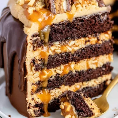 Delicious chocolate Snickers cake topped with caramel and peanuts