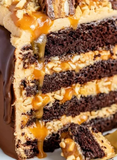 Delicious chocolate Snickers cake topped with caramel and peanuts