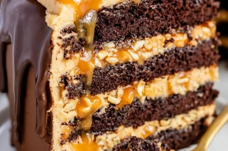 Delicious chocolate Snickers cake topped with caramel and peanuts