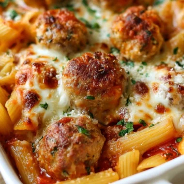 Dump and Bake Meatball Casserole with frozen meatballs and pasta in marinara sauce
