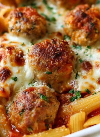 Dump and Bake Meatball Casserole with frozen meatballs and pasta in marinara sauce