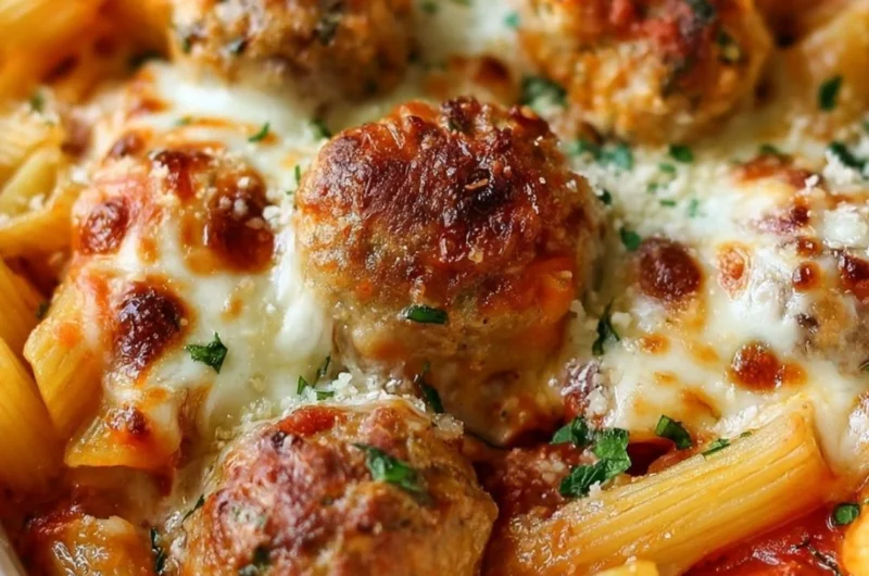 Dump and Bake Meatball Casserole with frozen meatballs and pasta in marinara sauce
