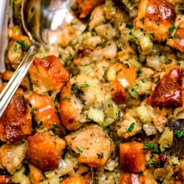 Delicious traditional Thanksgiving stuffing served in a bowl