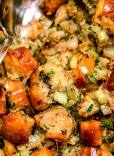 Delicious traditional Thanksgiving stuffing served in a bowl