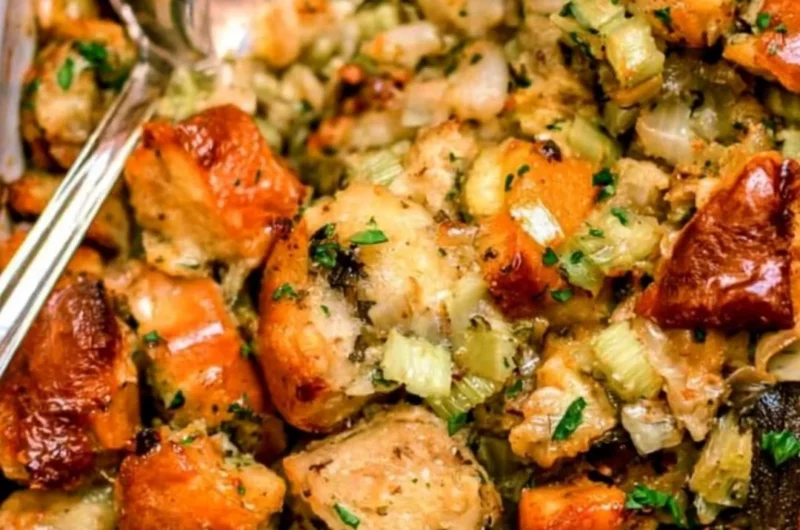 Delicious traditional Thanksgiving stuffing served in a bowl