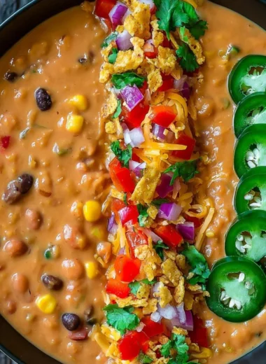 Bowl of Vegetarian Lentil Tortilla Soup with colorful toppings